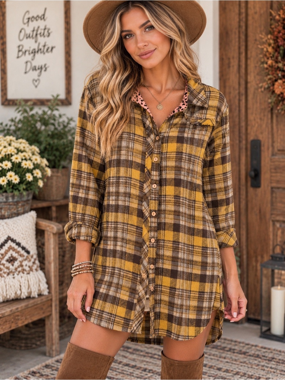 358 NWT Umgee Plaid Button-Front Shirt Dress in Mustard and Brown Size Medium